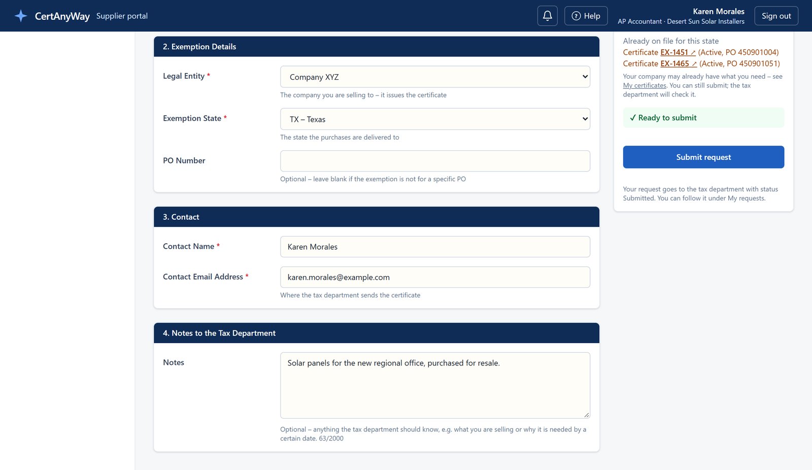 Supplier portal screen: Vendors request certificates themselves and see the ones already on file.